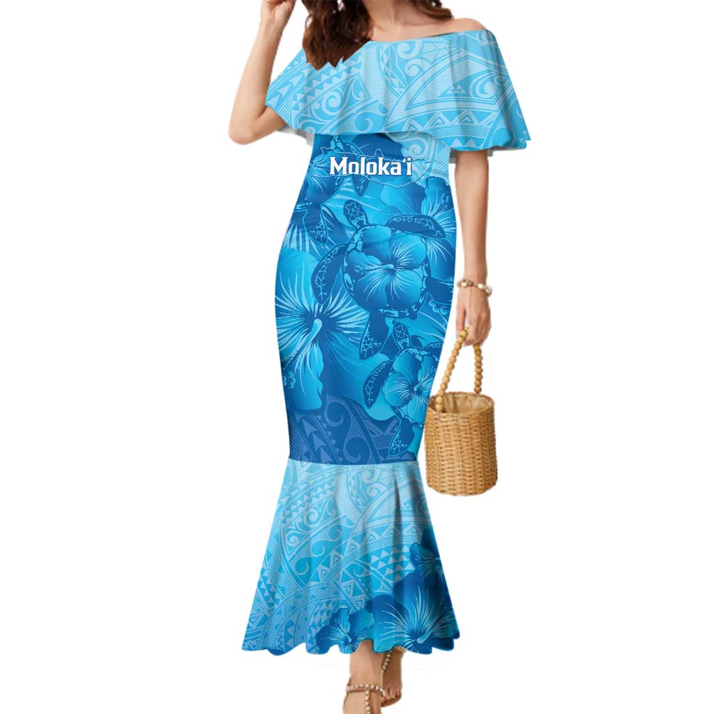 Aloha Hawaii Molokai Island Family Matching Mermaid Dress and Hawaiian Shirt Hibiscus Tribal Honu Hawaiian Tattoo LT14 Mom's Dress Blue - Polynesian Pride