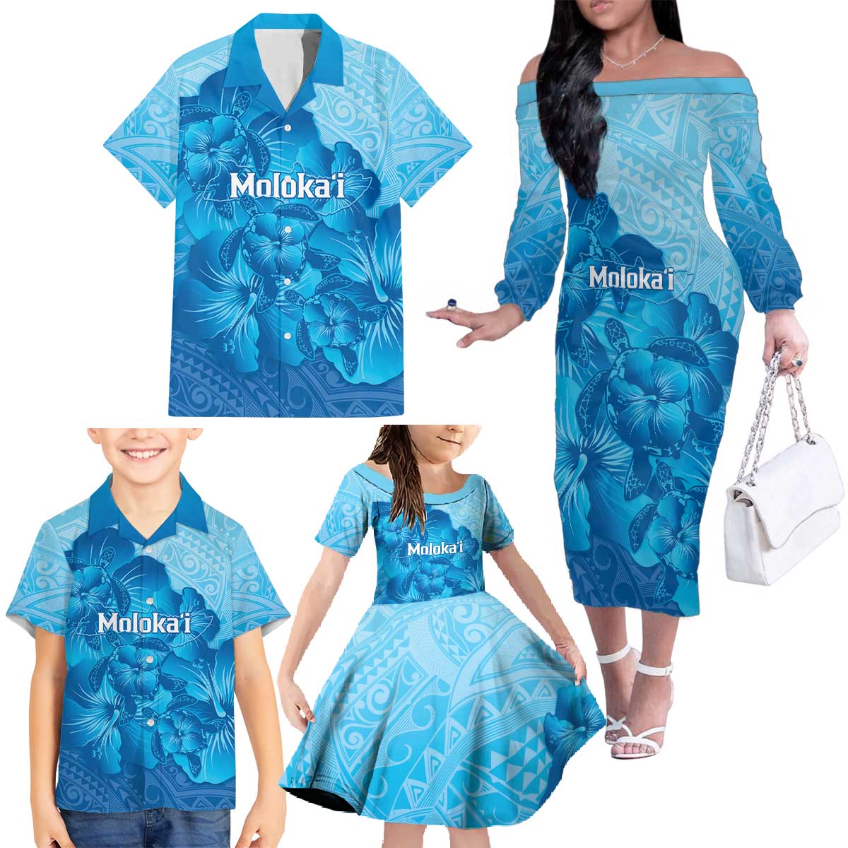 Aloha Hawaii Molokai Island Family Matching Off The Shoulder Long Sleeve Dress and Hawaiian Shirt Hibiscus Tribal Honu Hawaiian Tattoo LT14 - Polynesian Pride
