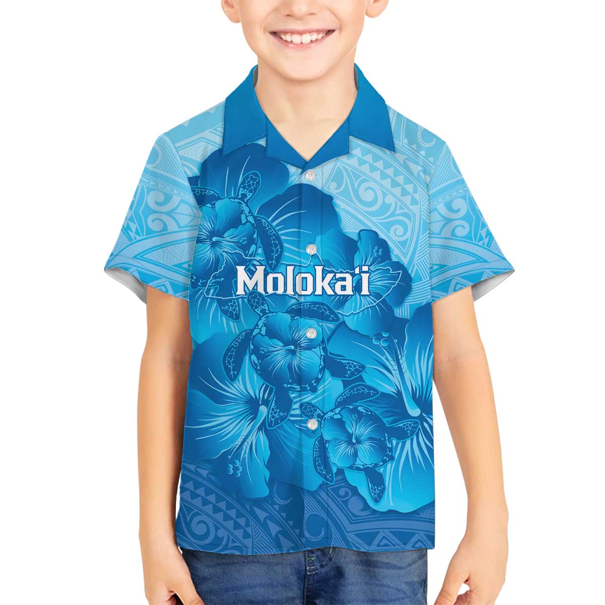 Aloha Hawaii Molokai Island Family Matching Off The Shoulder Long Sleeve Dress and Hawaiian Shirt Hibiscus Tribal Honu Hawaiian Tattoo LT14 Son's Shirt Blue - Polynesian Pride