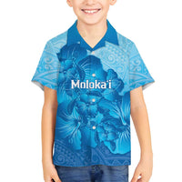 Aloha Hawaii Molokai Island Family Matching Off Shoulder Maxi Dress and Hawaiian Shirt Hibiscus Tribal Honu Hawaiian Tattoo LT14 Son's Shirt Blue - Polynesian Pride