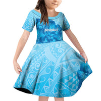 Aloha Hawaii Molokai Island Family Matching Off Shoulder Short Dress and Hawaiian Shirt Hibiscus Tribal Honu Hawaiian Tattoo LT14 Daughter's Dress Blue - Polynesian Pride