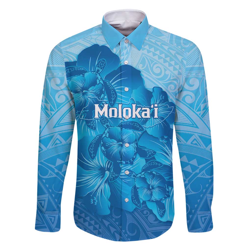 Aloha Hawaii Molokai Island Family Matching Puletasi and Hawaiian Shirt Hibiscus Tribal Honu Hawaiian Tattoo LT14 Dad's Shirt - Long Sleeve Blue - Polynesian Pride