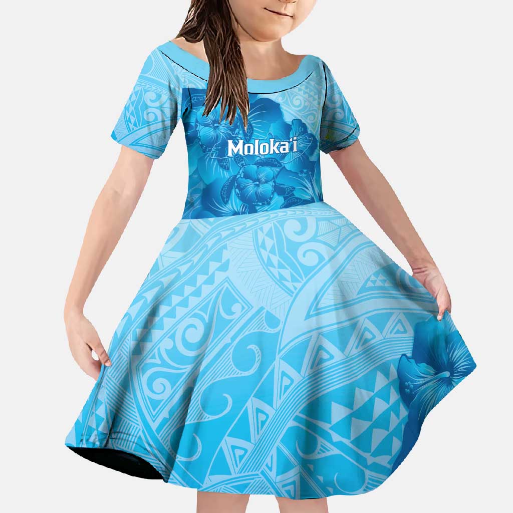 Aloha Hawaii Molokai Island Family Matching Short Sleeve Bodycon Dress and Hawaiian Shirt Hibiscus Tribal Honu Hawaiian Tattoo LT14 Daughter's Dress Blue - Polynesian Pride