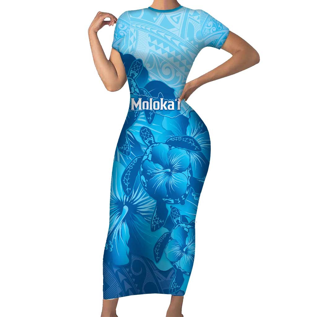 Aloha Hawaii Molokai Island Family Matching Short Sleeve Bodycon Dress and Hawaiian Shirt Hibiscus Tribal Honu Hawaiian Tattoo LT14 Mom's Dress Blue - Polynesian Pride