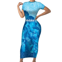 Aloha Hawaii Molokai Island Short Sleeve Bodycon Dress Hibiscus Tribal Honu Hawaiian Tattoo LT14 Long Dress Blue - Polynesian Pride