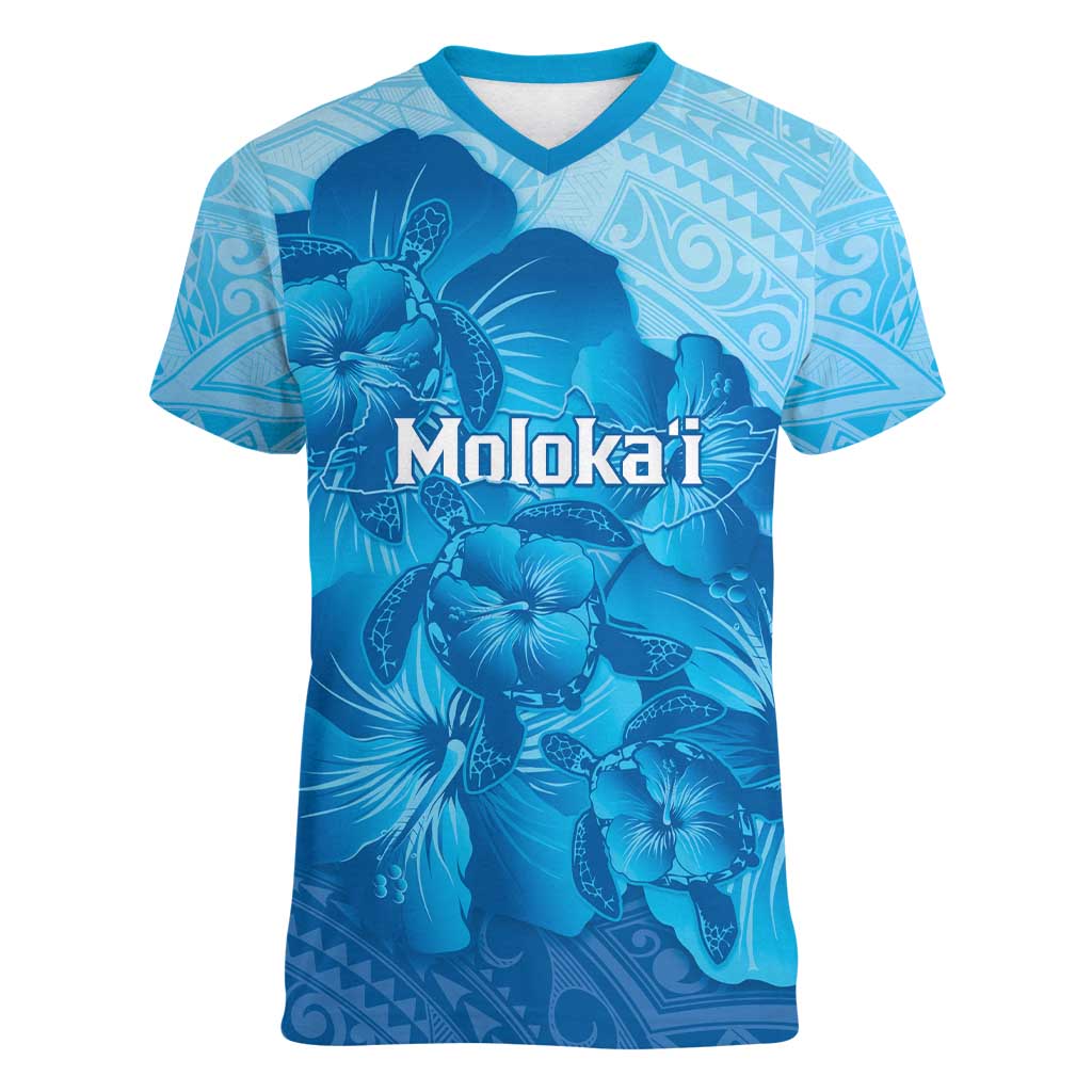 Aloha Hawaii Molokai Island Women V-Neck T-Shirt Hibiscus Tribal Honu Hawaiian Tattoo LT14 Female Blue - Polynesian Pride