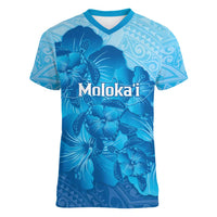 Aloha Hawaii Molokai Island Women V-Neck T-Shirt Hibiscus Tribal Honu Hawaiian Tattoo LT14 Female Blue - Polynesian Pride