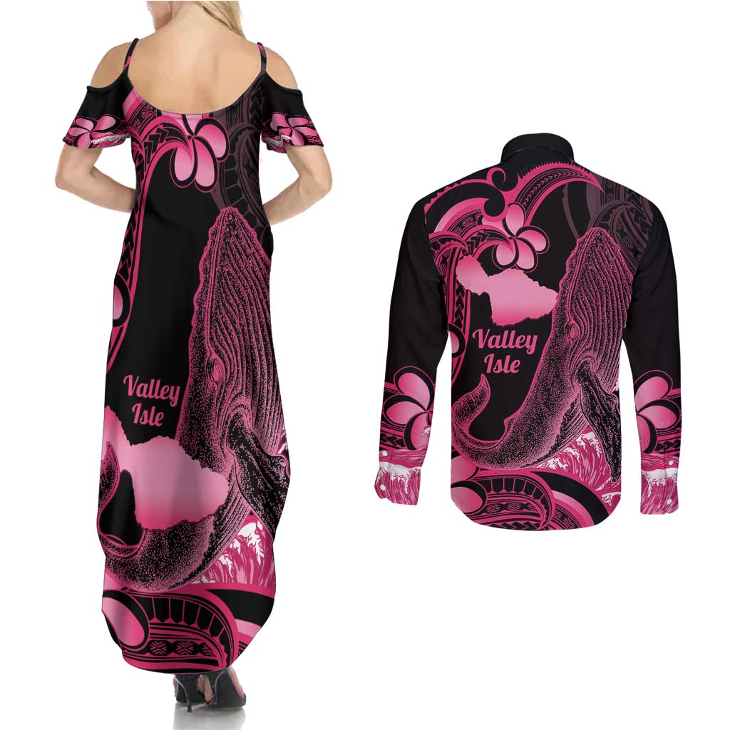 Aloha Hawaii Maui Couples Matching Summer Maxi Dress and Long Sleeve Button Shirt Valley Isle Humpback Whale Black