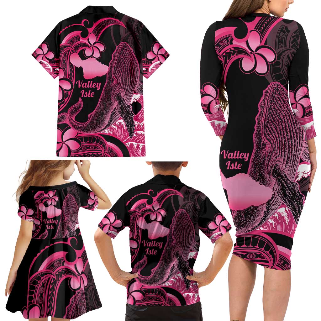 Aloha Hawaii Maui Family Matching Long Sleeve Bodycon Dress and Hawaiian Shirt Valley Isle Humpback Whale Black LT14 - Polynesian Pride