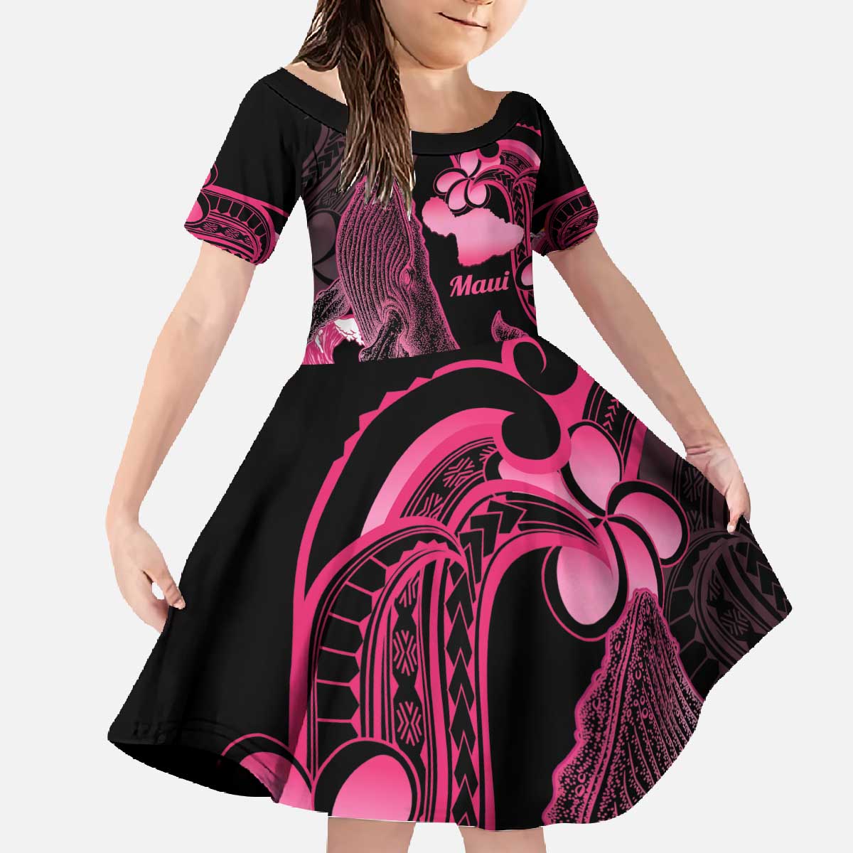 Aloha Hawaii Maui Family Matching Off The Shoulder Long Sleeve Dress and Hawaiian Shirt Valley Isle Humpback Whale Black LT14 Daughter's Dress Black - Polynesian Pride