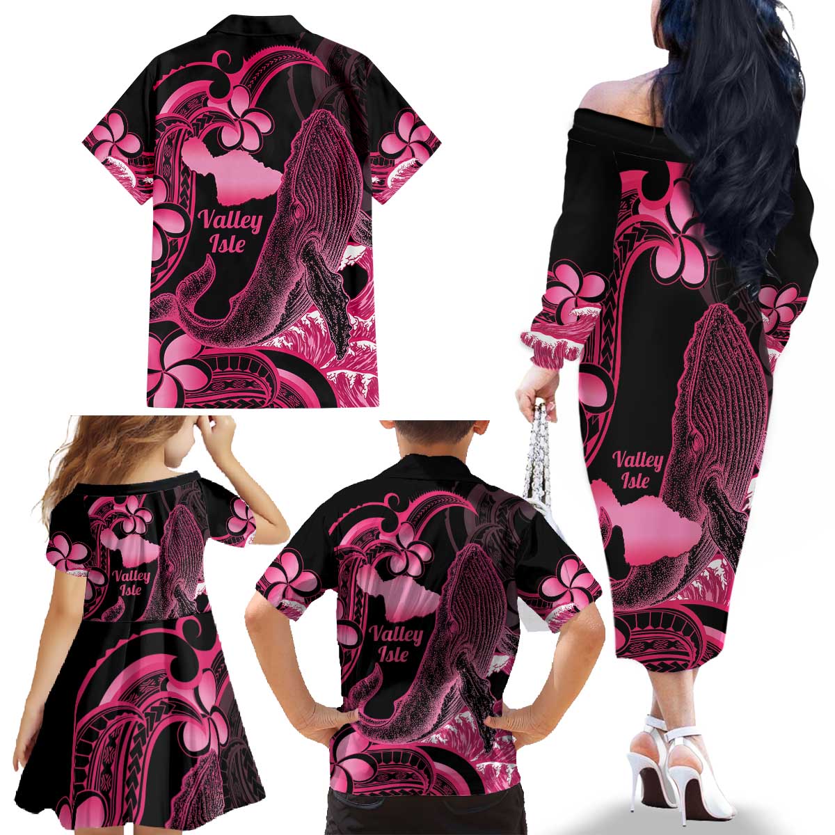 Aloha Hawaii Maui Family Matching Off The Shoulder Long Sleeve Dress and Hawaiian Shirt Valley Isle Humpback Whale Black LT14 - Polynesian Pride