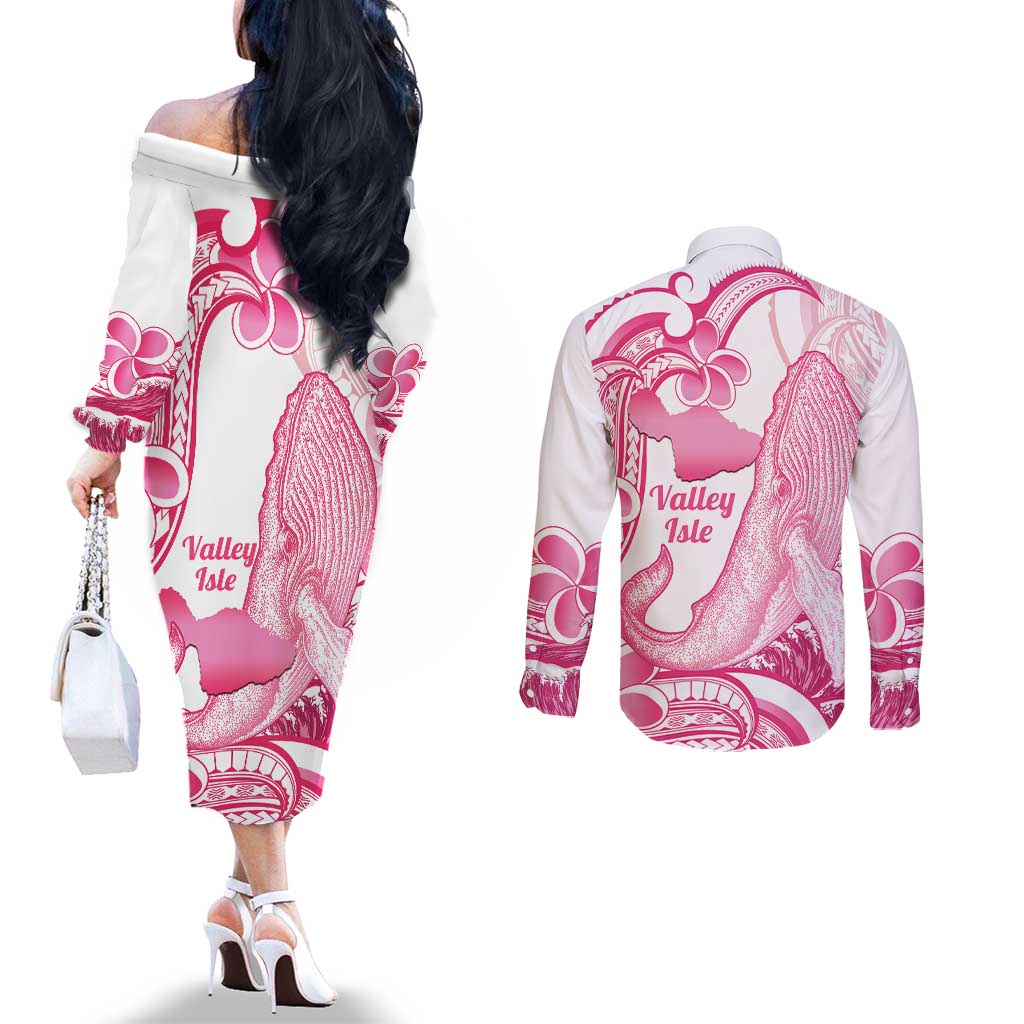 Aloha Hawaii Maui Couples Matching Off The Shoulder Long Sleeve Dress and Long Sleeve Button Shirt Valley Isle Humpback Whale White