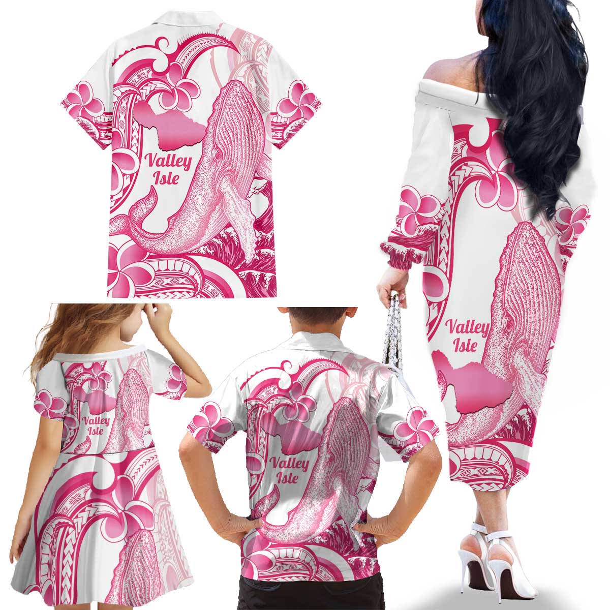 Aloha Hawaii Maui Family Matching Off The Shoulder Long Sleeve Dress and Hawaiian Shirt Valley Isle Humpback Whale White LT14 - Polynesian Pride