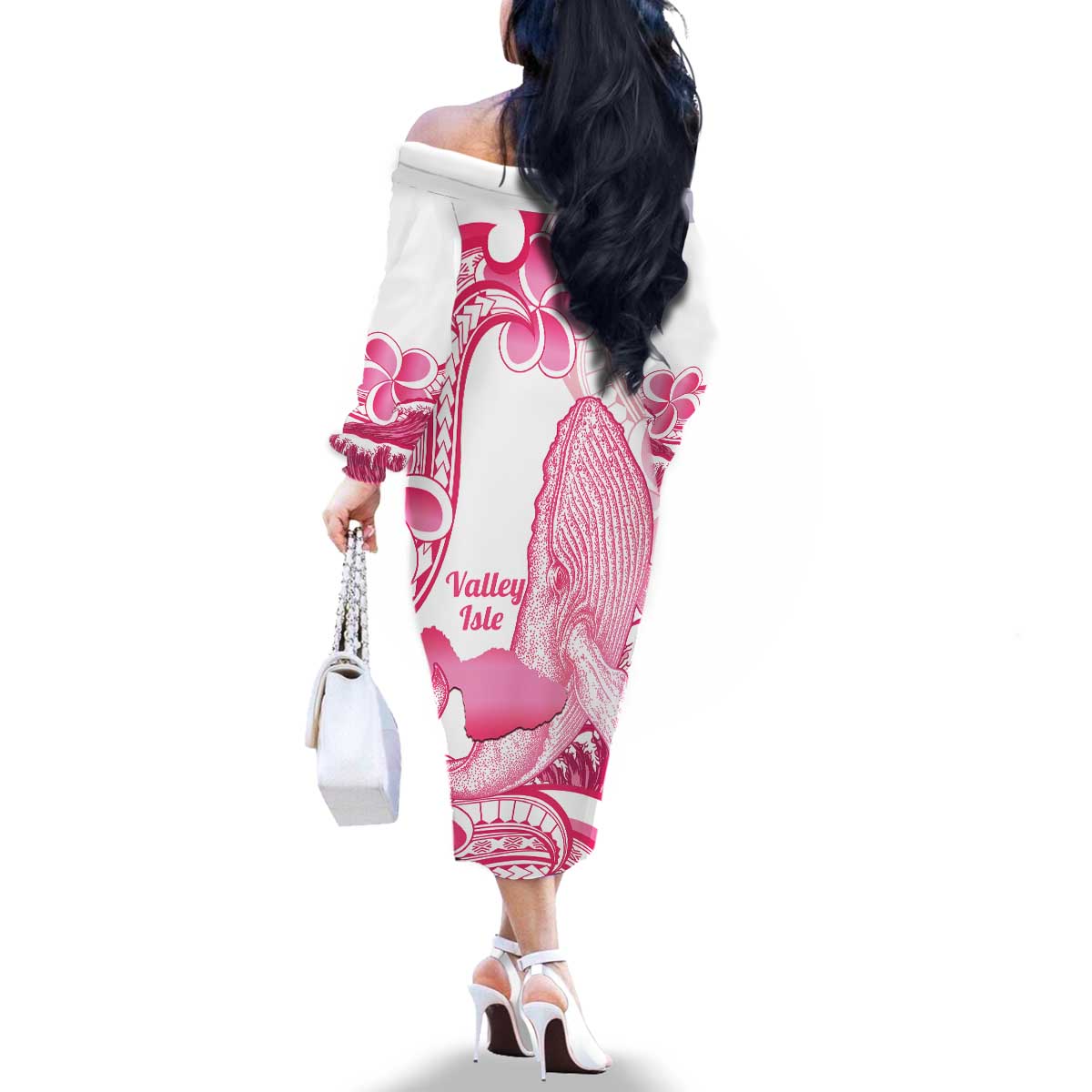 Aloha Hawaii Maui Family Matching Off The Shoulder Long Sleeve Dress and Hawaiian Shirt Valley Isle Humpback Whale White LT14 - Polynesian Pride