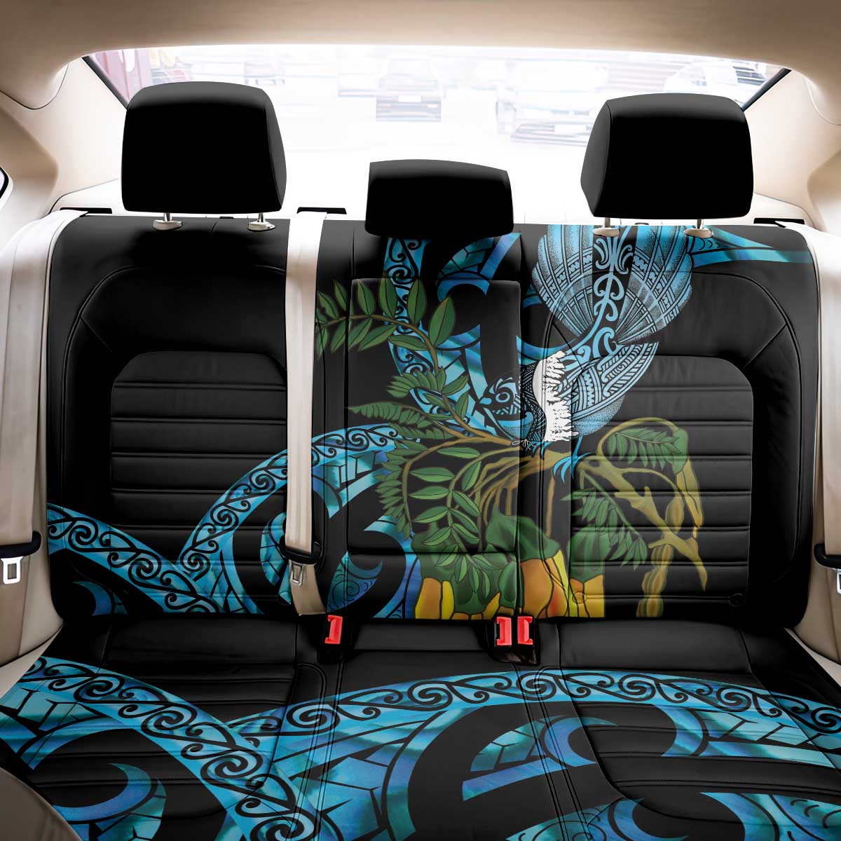 Turquoise New Zealand Kowhai And Piwakawaka Back Car Seat Cover Maori Ngaru Paua Shell LT14 - Polynesian Pride