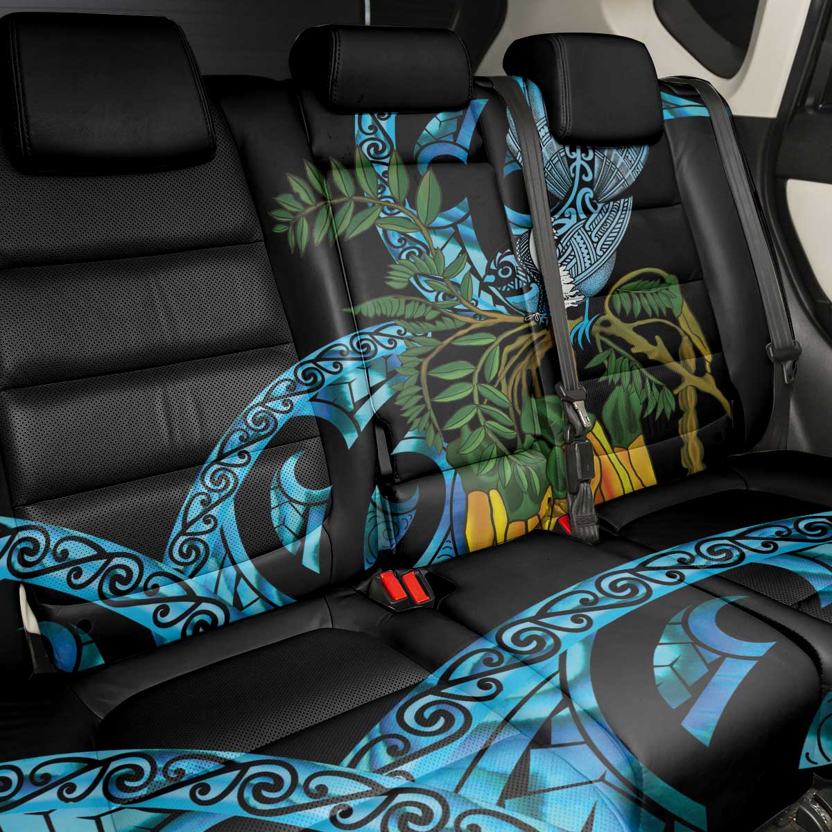 Turquoise New Zealand Kowhai And Piwakawaka Back Car Seat Cover Maori Ngaru Paua Shell LT14 - Polynesian Pride