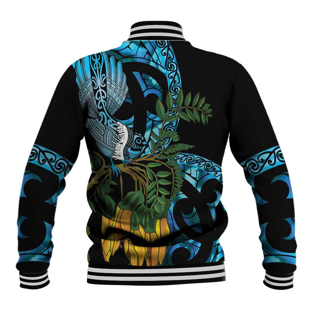 Turquoise New Zealand Kowhai And Piwakawaka Baseball Jacket Maori Ngaru Paua Shell