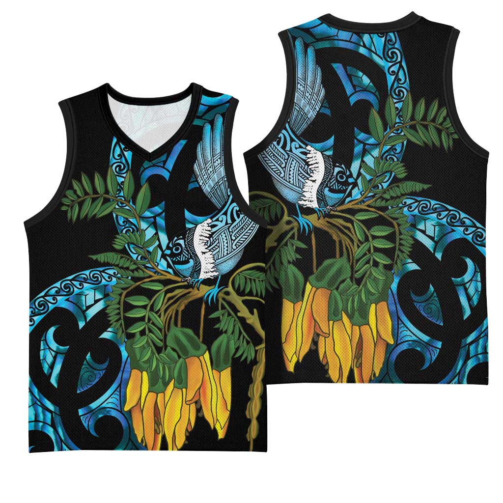 Turquoise New Zealand Kowhai And Piwakawaka Basketball Jersey Maori Ngaru Paua Shell LT14 - Polynesian Pride
