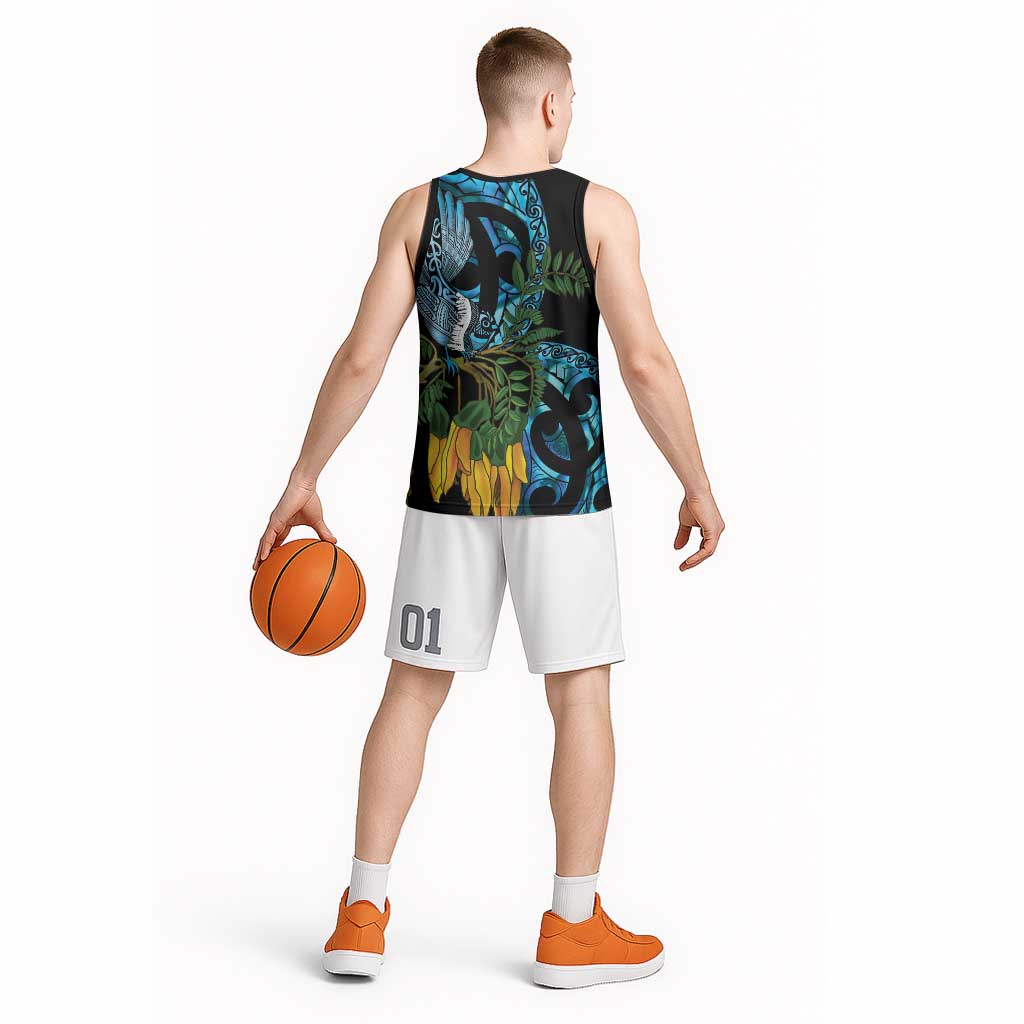 Turquoise New Zealand Kowhai And Piwakawaka Basketball Jersey Maori Ngaru Paua Shell LT14 - Polynesian Pride