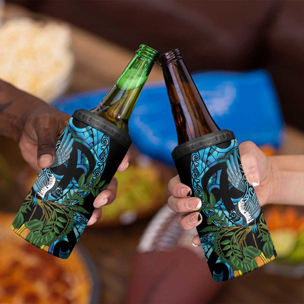 Turquoise New Zealand Kowhai And Piwakawaka 4 in 1 Can Cooler Tumbler Maori Ngaru Paua Shell LT14 - Polynesian Pride