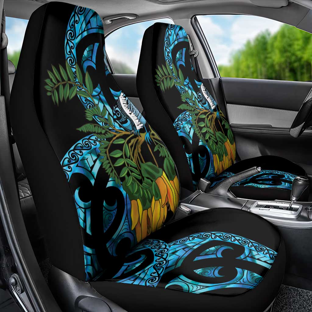 Turquoise New Zealand Kowhai And Piwakawaka Car Seat Cover Maori Ngaru Paua Shell LT14 - Polynesian Pride