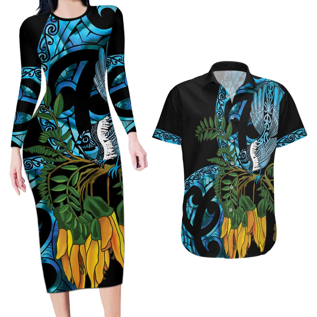 Turquoise New Zealand Kowhai And Piwakawaka Couples Matching Long Sleeve Bodycon Dress and Hawaiian Shirt Maori Ngaru Paua Shell LT14 Turquoise - Polynesian Pride