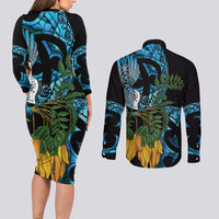 Turquoise New Zealand Kowhai And Piwakawaka Couples Matching Long Sleeve Bodycon Dress and Long Sleeve Button Shirt Maori Ngaru Paua Shell LT14 - Polynesian Pride