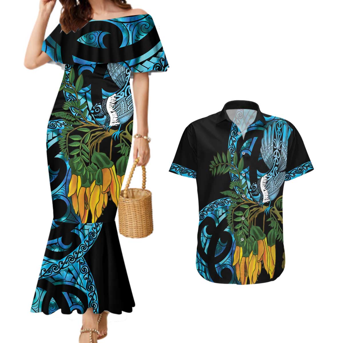 Turquoise New Zealand Kowhai And Piwakawaka Couples Matching Mermaid Dress and Hawaiian Shirt Maori Ngaru Paua Shell