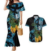 Turquoise New Zealand Kowhai And Piwakawaka Couples Matching Mermaid Dress and Hawaiian Shirt Maori Ngaru Paua Shell LT14 Turquoise - Polynesian Pride
