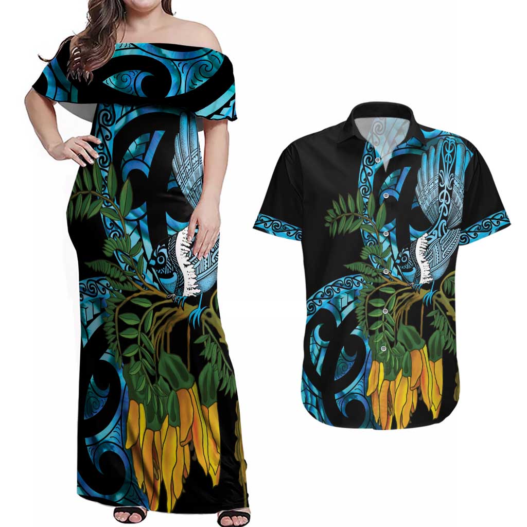 Turquoise New Zealand Kowhai And Piwakawaka Couples Matching Off Shoulder Maxi Dress and Hawaiian Shirt Maori Ngaru Paua Shell LT14 Turquoise - Polynesian Pride