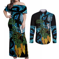 Turquoise New Zealand Kowhai And Piwakawaka Couples Matching Off Shoulder Maxi Dress and Long Sleeve Button Shirt Maori Ngaru Paua Shell LT14 Turquoise - Polynesian Pride