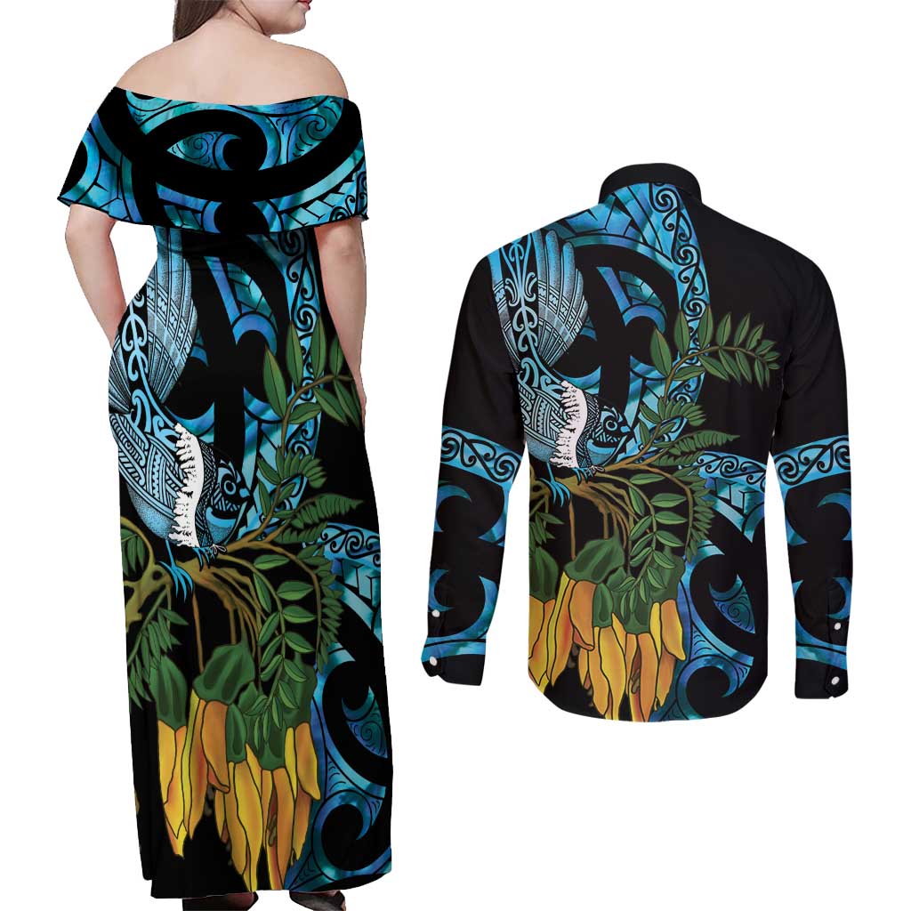 Turquoise New Zealand Kowhai And Piwakawaka Couples Matching Off Shoulder Maxi Dress and Long Sleeve Button Shirt Maori Ngaru Paua Shell LT14 - Polynesian Pride