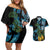 Turquoise New Zealand Kowhai And Piwakawaka Couples Matching Off Shoulder Short Dress and Hawaiian Shirt Maori Ngaru Paua Shell