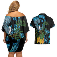 Turquoise New Zealand Kowhai And Piwakawaka Couples Matching Off Shoulder Short Dress and Hawaiian Shirt Maori Ngaru Paua Shell LT14 - Polynesian Pride