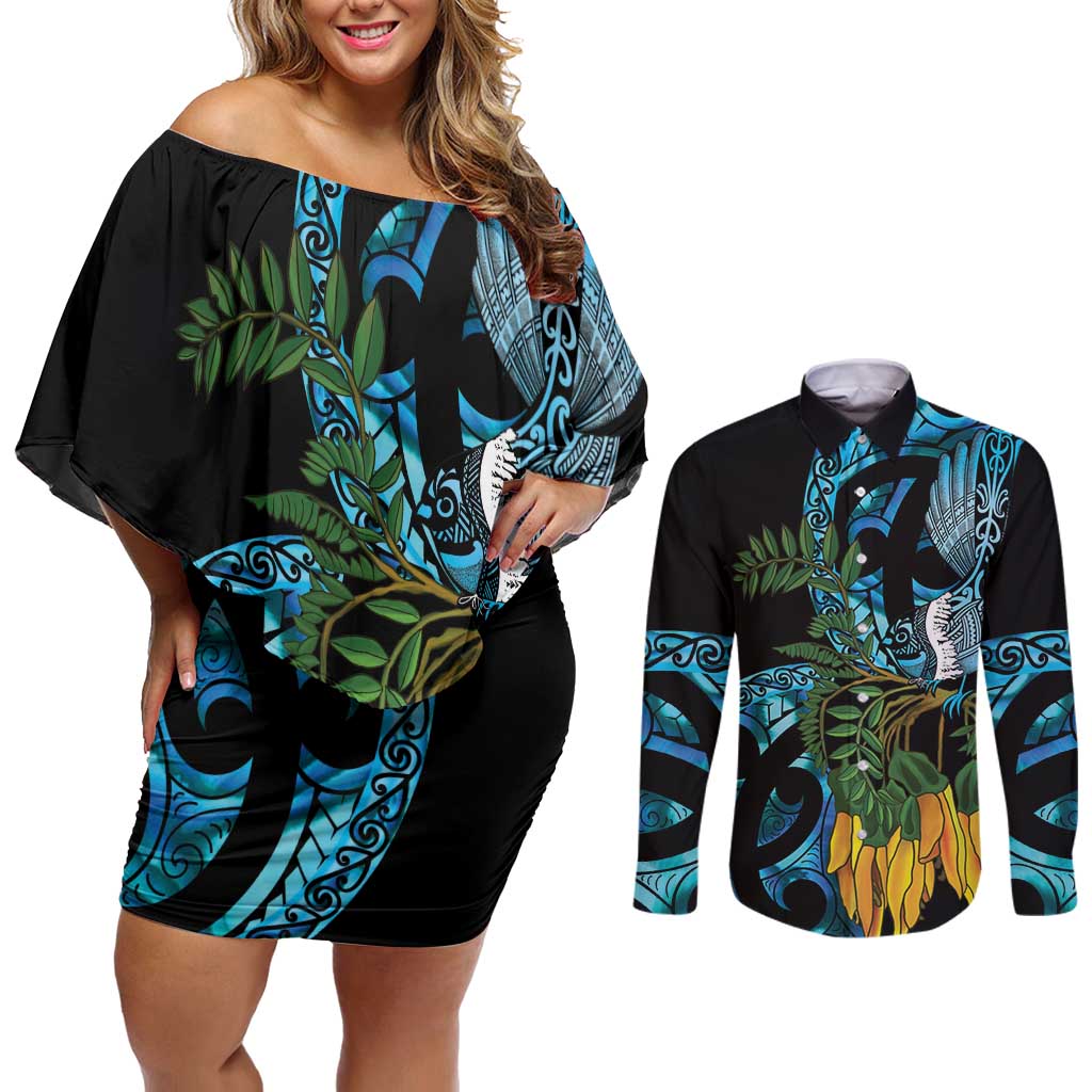 Turquoise New Zealand Kowhai And Piwakawaka Couples Matching Off Shoulder Short Dress and Long Sleeve Button Shirt Maori Ngaru Paua Shell LT14 Turquoise - Polynesian Pride