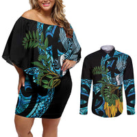 Turquoise New Zealand Kowhai And Piwakawaka Couples Matching Off Shoulder Short Dress and Long Sleeve Button Shirt Maori Ngaru Paua Shell LT14 Turquoise - Polynesian Pride