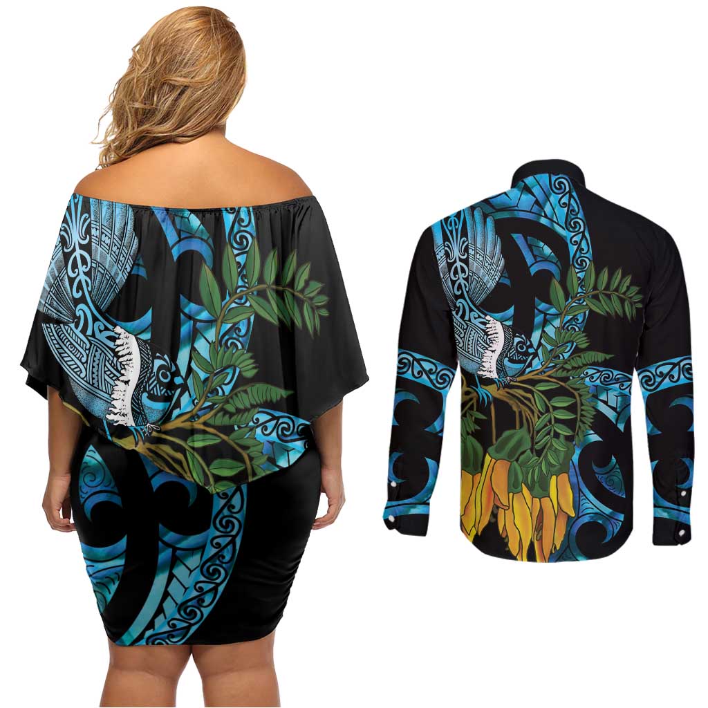 Turquoise New Zealand Kowhai And Piwakawaka Couples Matching Off Shoulder Short Dress and Long Sleeve Button Shirt Maori Ngaru Paua Shell LT14 - Polynesian Pride