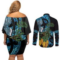 Turquoise New Zealand Kowhai And Piwakawaka Couples Matching Off Shoulder Short Dress and Long Sleeve Button Shirt Maori Ngaru Paua Shell LT14 - Polynesian Pride