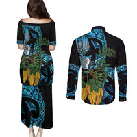 Turquoise New Zealand Kowhai And Piwakawaka Couples Matching Puletasi and Long Sleeve Button Shirt Maori Ngaru Paua Shell LT14 - Polynesian Pride