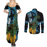 Turquoise New Zealand Kowhai And Piwakawaka Couples Matching Summer Maxi Dress and Long Sleeve Button Shirt Maori Ngaru Paua Shell LT14 - Polynesian Pride