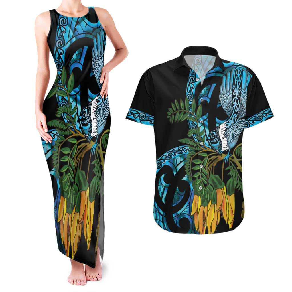 Turquoise New Zealand Kowhai And Piwakawaka Couples Matching Tank Maxi Dress and Hawaiian Shirt Maori Ngaru Paua Shell LT14 Turquoise - Polynesian Pride