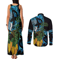 Turquoise New Zealand Kowhai And Piwakawaka Couples Matching Tank Maxi Dress and Long Sleeve Button Shirt Maori Ngaru Paua Shell LT14 - Polynesian Pride