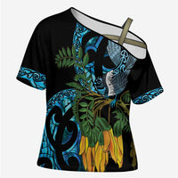 Turquoise New Zealand Kowhai And Piwakawaka Cross Shoulder Shirt Maori Ngaru Paua Shell LT14 Female Turquoise - Polynesian Pride