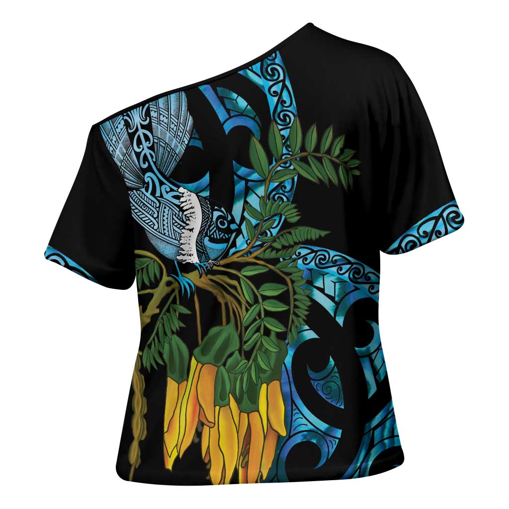 Turquoise New Zealand Kowhai And Piwakawaka Cross Shoulder Shirt Maori Ngaru Paua Shell LT14 - Polynesian Pride