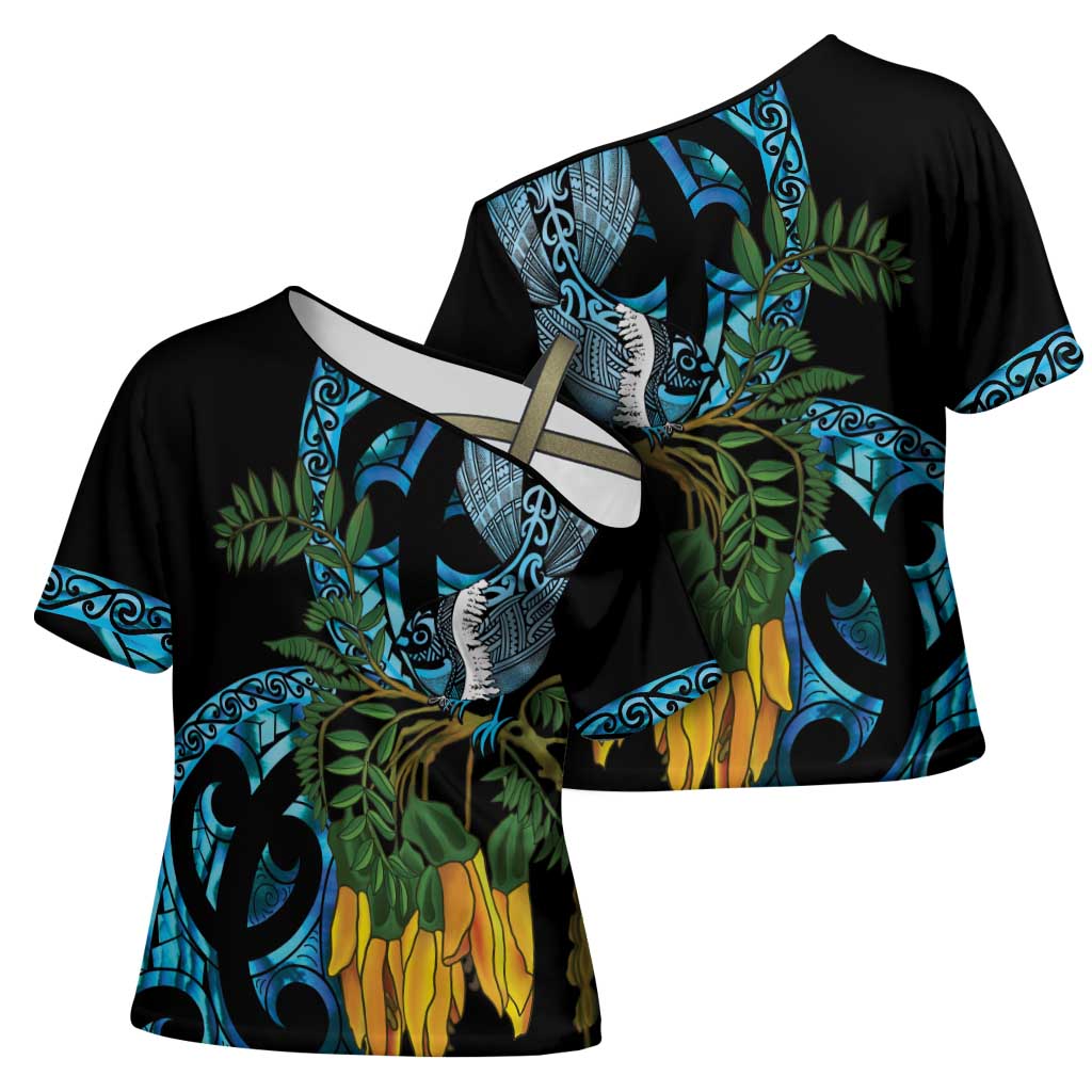 Turquoise New Zealand Kowhai And Piwakawaka Cross Shoulder Shirt Maori Ngaru Paua Shell LT14 - Polynesian Pride