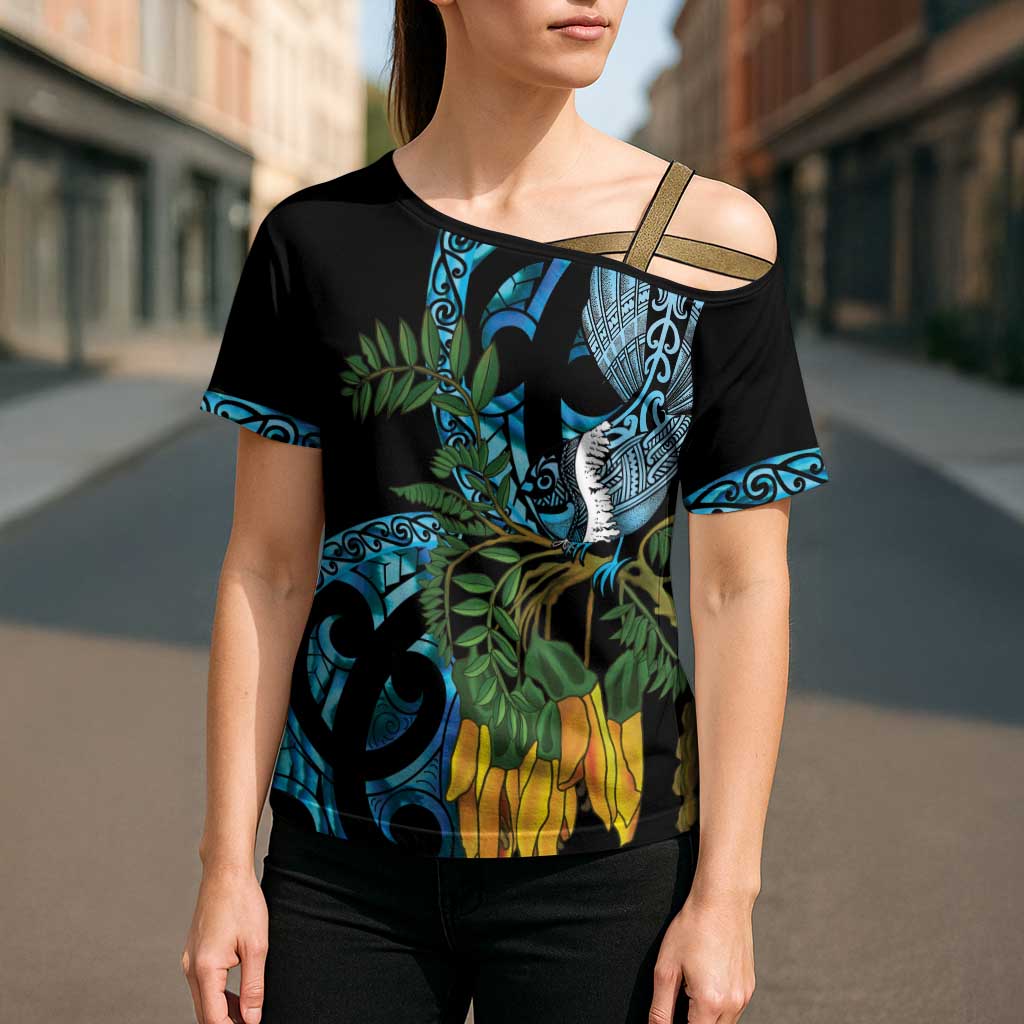 Turquoise New Zealand Kowhai And Piwakawaka Cross Shoulder Shirt Maori Ngaru Paua Shell LT14 - Polynesian Pride