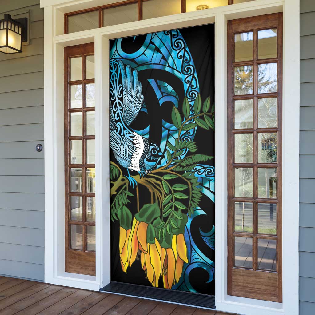 Turquoise New Zealand Kowhai And Piwakawaka Door Cover Maori Ngaru Paua Shell LT14 - Polynesian Pride
