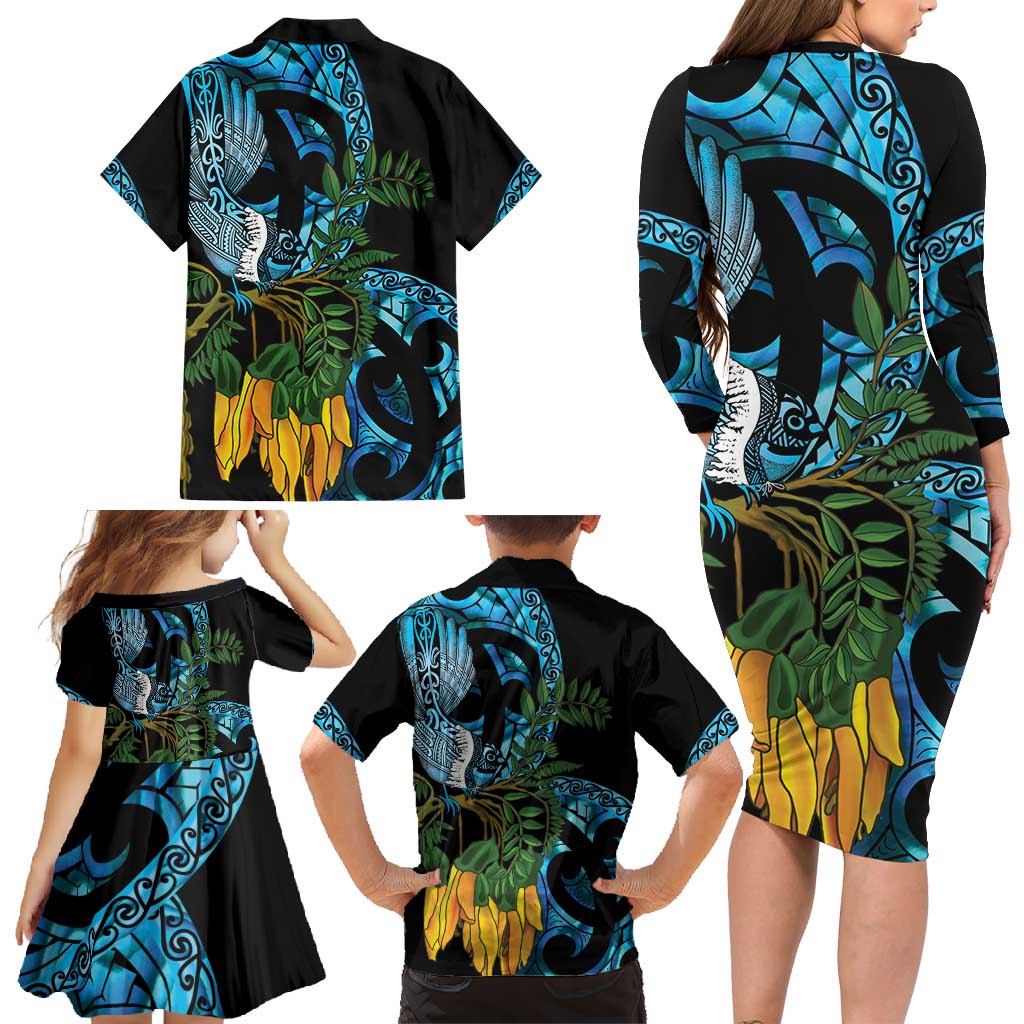 Turquoise New Zealand Kowhai And Piwakawaka Family Matching Long Sleeve Bodycon Dress and Hawaiian Shirt Maori Ngaru Paua Shell LT14 - Polynesian Pride