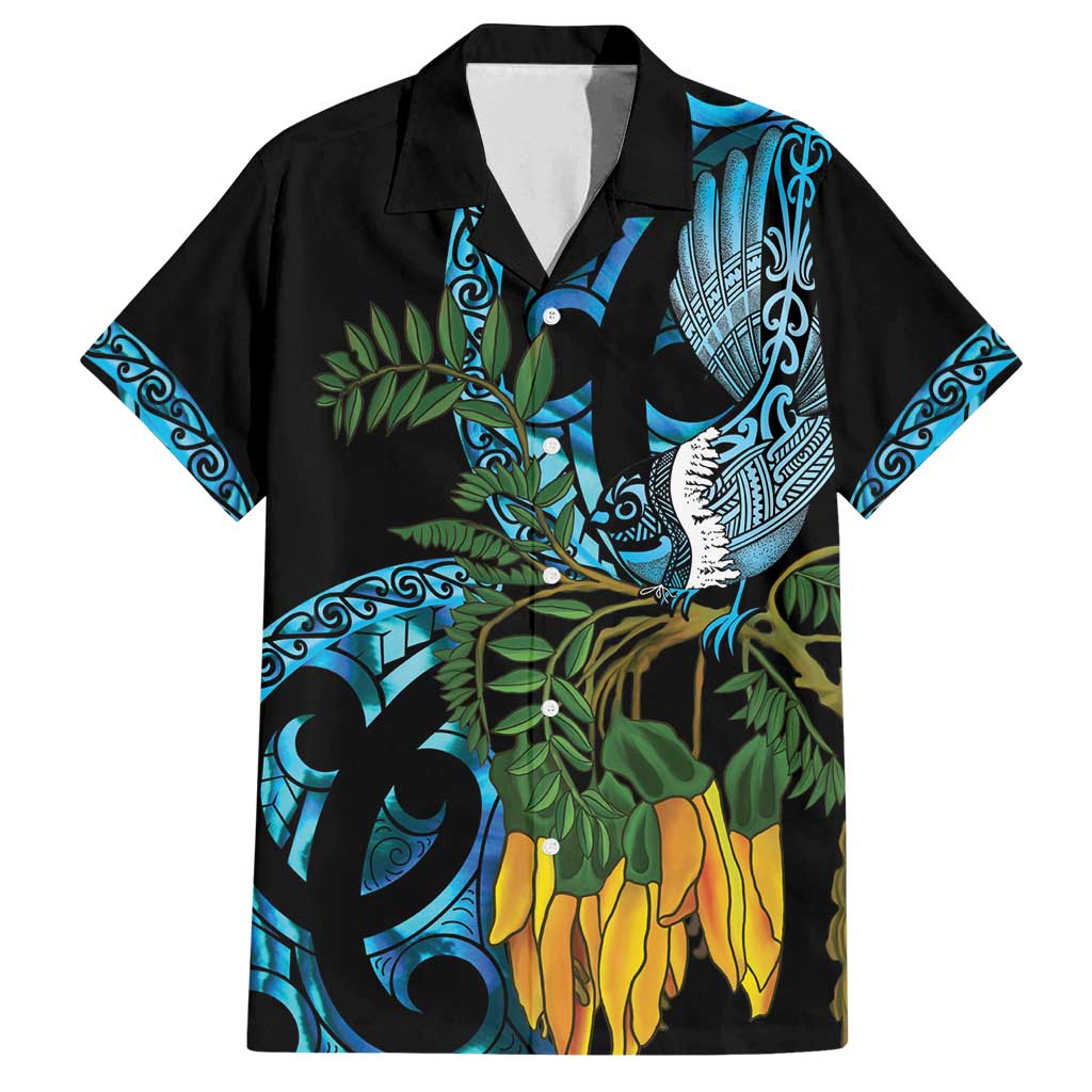 Turquoise New Zealand Kowhai And Piwakawaka Family Matching Long Sleeve Bodycon Dress and Hawaiian Shirt Maori Ngaru Paua Shell LT14 Dad's Shirt - Short Sleeve Turquoise - Polynesian Pride