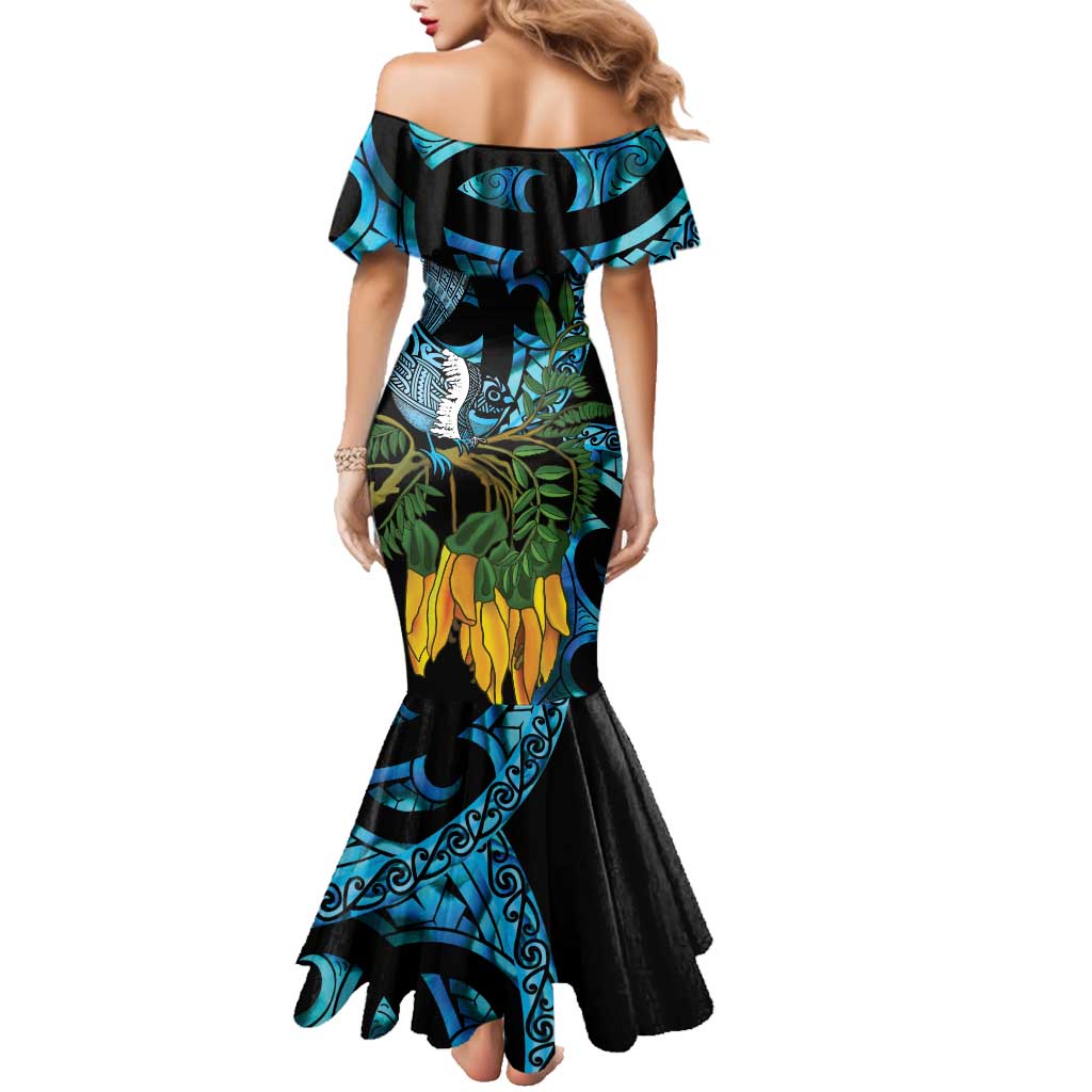 Turquoise New Zealand Kowhai And Piwakawaka Family Matching Mermaid Dress and Hawaiian Shirt Maori Ngaru Paua Shell LT14 - Polynesian Pride